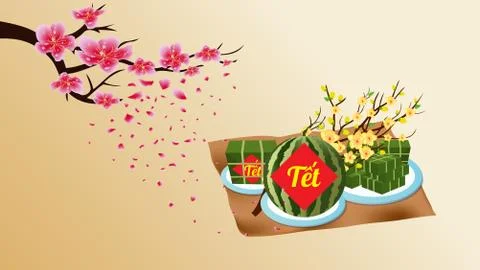 Cooked square glutinous rice cake and blossom, wallpapers. Vietnamese new yea 库存插图