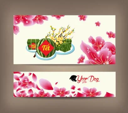 Cooked square glutinous rice cake and blossom, banner. Vietnamese new year. ( Illustrazione stock