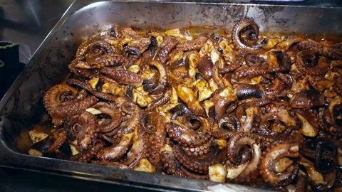 Cooked squid are on a baking sheet. Stock Footage 140020123