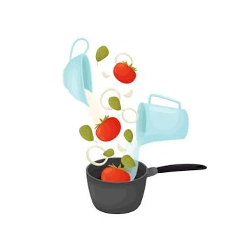 Cooked vegetable soup with broth. Vector illustration on white background. Ilustração Stock