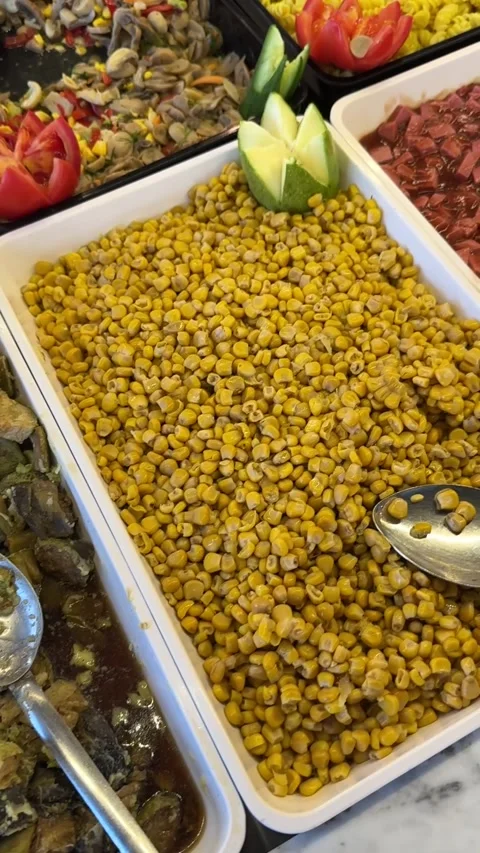 Cooked Zucchini And Sweet Corn Served On Restaurant Buffet Counter Stock Footage 344977642