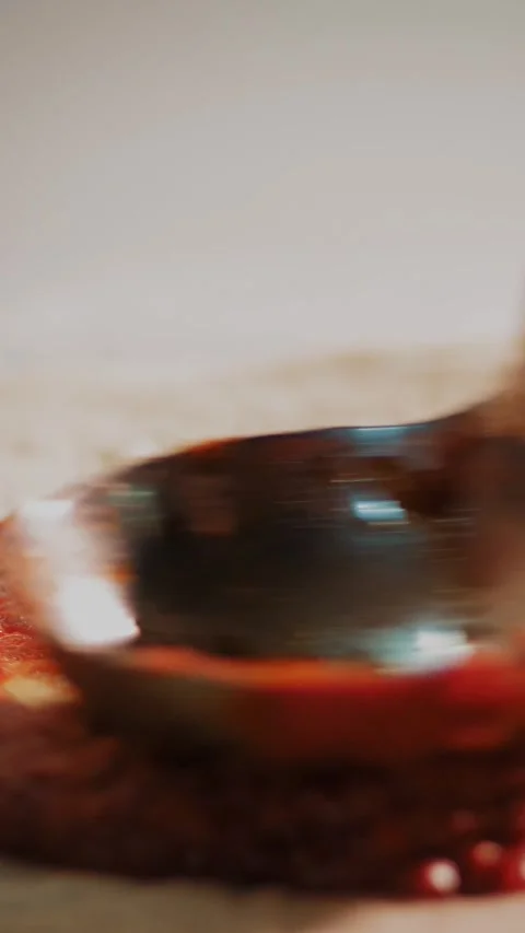 Cookery. making pizza. Closeup. Chef is spreading tomato sauce on Pizza dough Stock Footage 322512485