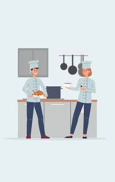Cookes or restaurant workers at kitchen flat vector illustration isolated. Stock Illustration