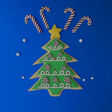 Cookie and sweets in the shape of an chritmas tree. 3D rendering. New Year's Stock Photos