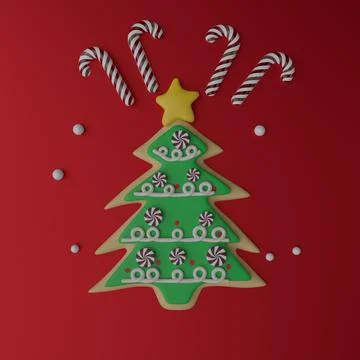 Cookie and sweets in the shape of an chritmas tree. 3D rendering. New Year's Stock Photos