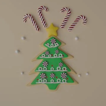 Cookie and sweets in the shape of an chritmas tree. 3D rendering. New Year's Stock Photos