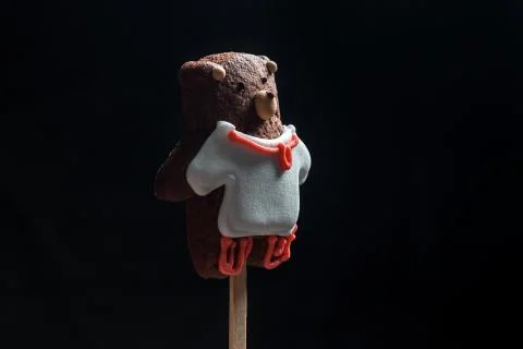 Cookie bear on the stick on black background view from side Foto stock