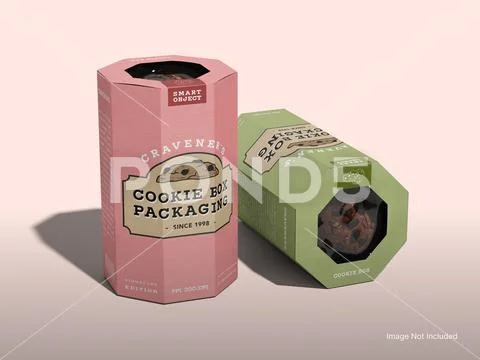Cookie Box Packaging Mockup – Hexagonal Shape with Window Lid PSD Template