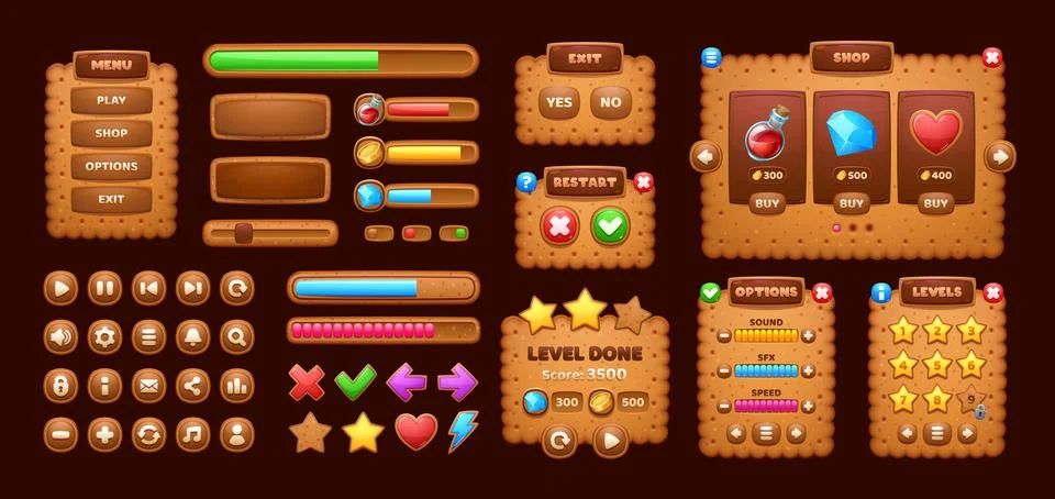 Cookie cracker game interface. Ui game elements 스톡 일러스트
