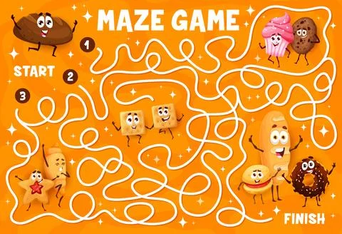 Cookie desserts, bakery characters labyrinth maze Stock Illustration