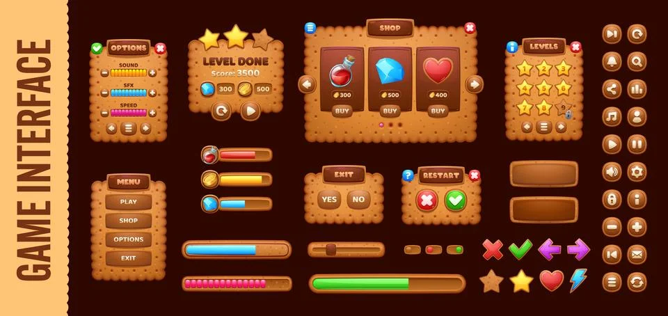 Cookie game ui interface buttons and level window イラスト素材
