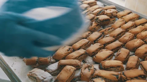 Cookie making process industry dough factory conveyor Stock Footage 120545401