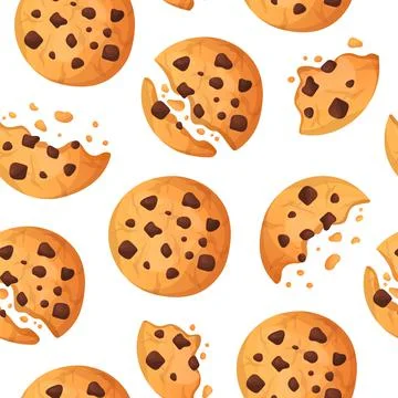Cookie pattern. Cartoon wallpaper with cute chocolate biscuit pieces and chips Stock Illustration