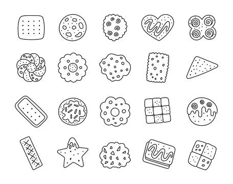 Cookie snack set in outline line art Stock Illustration