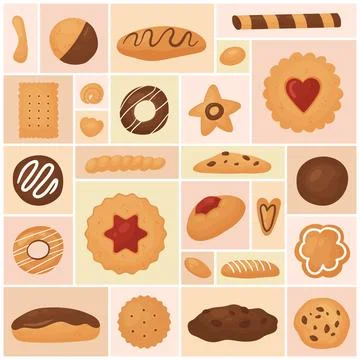 Cookie, sweet food set, assorted sugar snacks, confectionery collection with Stock Illustration