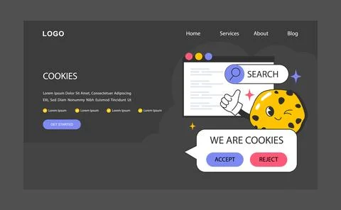 Cookie technology web banner or landing page dark or night mode. Stock Illustration