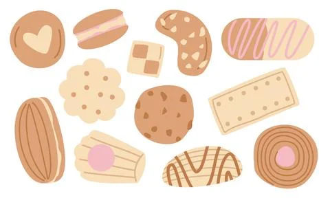 Cookie Vector Set with Hand Drawn Cute Biscuits and Sweets Isolated on White Stock Illustration