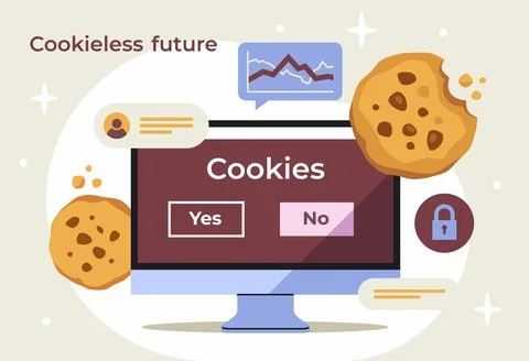 Cookieless Tracking Future. Banner with computer screen and bitten cookie 스톡 일러스트