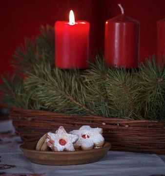 Cookies with candles on a table Stock Photos