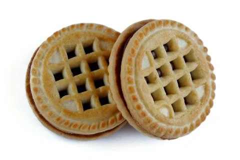 Cookies with a design pattern and a chocolate filling close-up Stock Photos