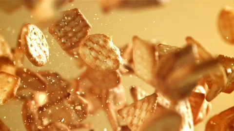 Cookies fly up and fall down. Filmed on a high-speed camera at 1000 fps. Stock Footage 264786040