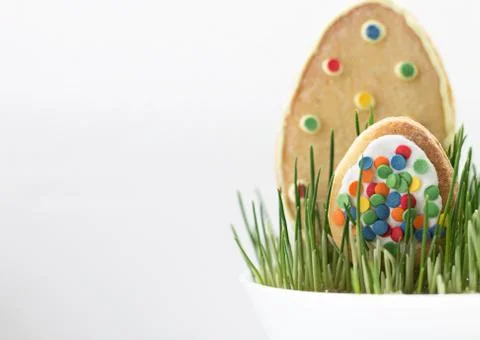 Cookies in the Image of Easter Eggs on the Grass. Isolated Stock Photos