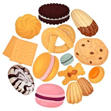 Cookies pastry pattern flat vector illustration. Sweetness biscuit doughnut Illustrazione stock