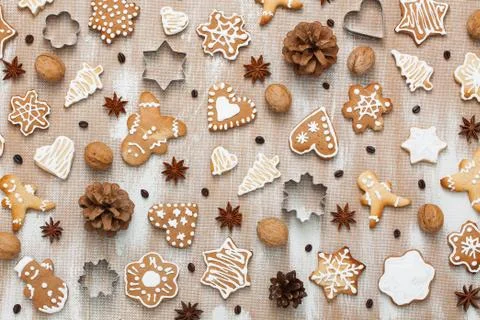 Cookies pattern with walnuts, coffee beans, anise and cookie cutter Stock Photos