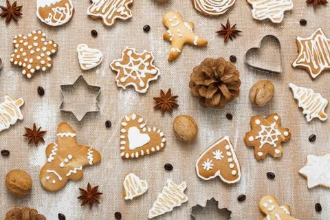 Cookies pattern with walnuts, coffee beans, anise and cookie cutter Stock Photos
