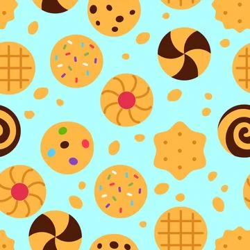 Cookies seamless pattern on blue background. Stock Illustration