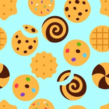 Cookies seamless pattern on blue background. Stock Illustration