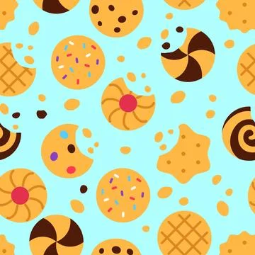Cookies seamless pattern on blue background. Stock Illustration