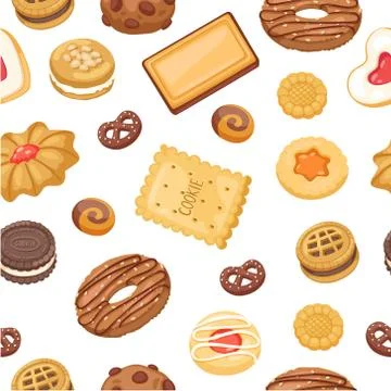 Cookies seamless pattern of different chocolate and biscuit chip cookies Stock Illustration
