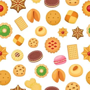 Cookies seamless pattern of different chocolate and biscuit chip cookies Stock Illustration