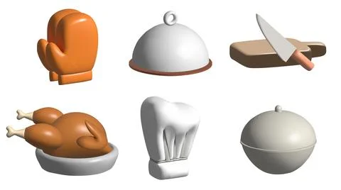 Cooking 3d icon set with chef hat, cooking gloves, cutter board, frying hen 3 Stock Illustration