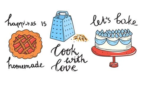 Cooking and baking process drawings with titles and lettering for books and 스톡 일러스트