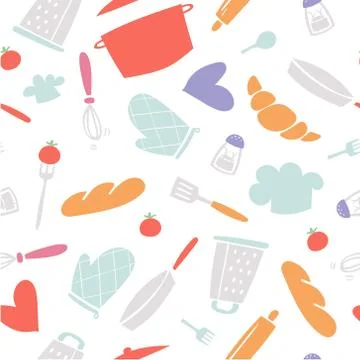 Cooking and baking seamless pattern, kitchenware utencils, bake in kitchen Stock Illustration