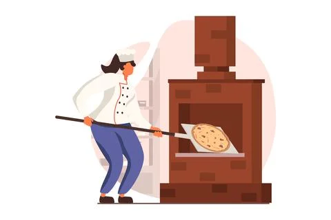 Cooking and restaurant web concept in flat design. Chef prepares Italian pizza Stock Illustration