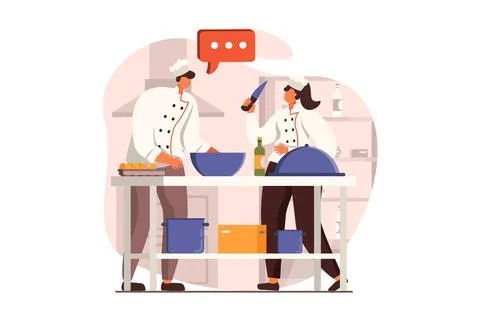 Cooking and restaurant web concept in flat design. Team of chefs prepares Stock Illustration