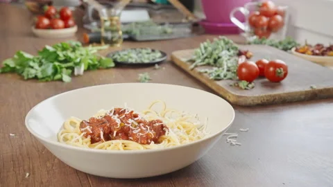 Cooking and serving pasta with parmesan Stock Footage 207478706