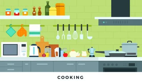 Cooking appliances in the kitchen vector flat illustration. Illustrazione stock