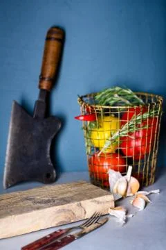 Cooking background. Ingredients, kitchen items, utensils, vegetables. Foto stock