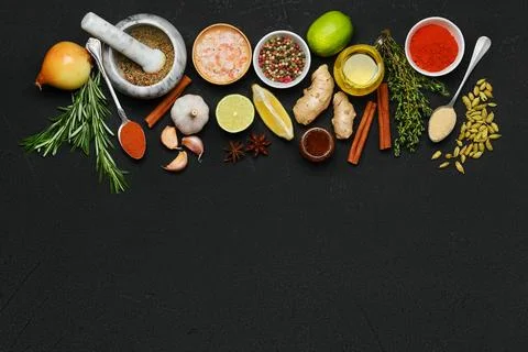 Cooking background with spice and condiments Foto stock