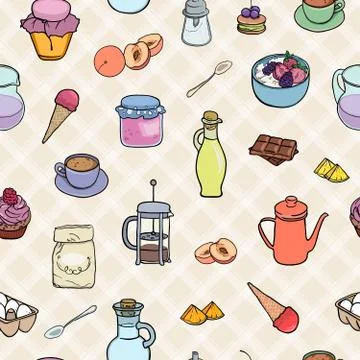 Cooking bakery, sweets, breakfast tea and coffe seamless background. Vector Stock-Illustration