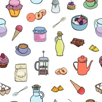 Cooking bakery, sweets, breakfast tea and coffe seamless background. Vector Stock-Illustration