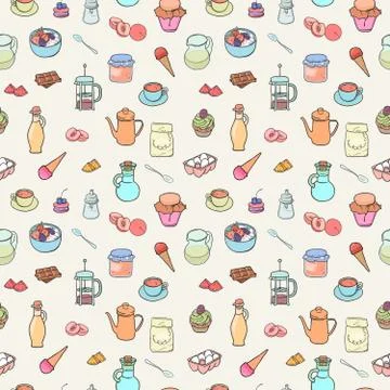 Cooking bakery, sweets, breakfast tea and coffe seamless background. Vector Stock-Illustration