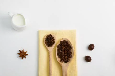 Cooking baking background with milk carnation anise coffee beans nutmeg Stock Photos