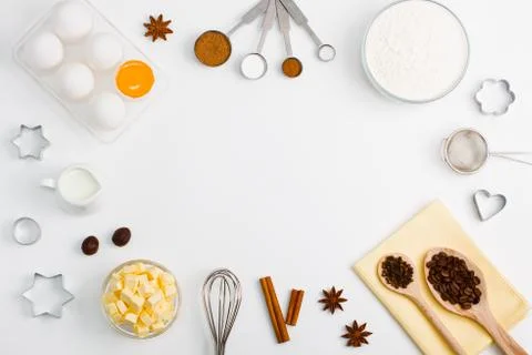 Cooking baking flat lay background with eggs butter kitchen tools Stock Photos