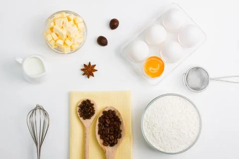 Cooking baking flat lay background with eggs butter flour spices Stock Photos