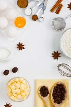 Cooking baking flat lay background with eggs butter kitchen tools Stock Photos